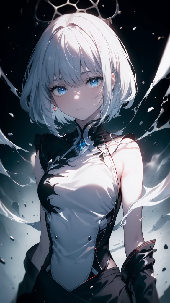 (masterpiece, highest quality, Ultra-high resolution), 1 boy, Are standing, , White office shirt, Black pleated skirt, ((jet black, jet black hair:0.7), Cut long hair, White skin, ((blue eye)), Shine_eye, neon eye, (ultra detailed eye, Beautiful and elaborate face, detailed eye:0.9), ((in the center)), smile, ((Wide Shot)), Face-to-face audience, eyeの高さ, (black background, 残りfire, fire), Flat Chest, Looking at the audience, ((half closed eye)), ((Perfect hands)), (((head, arm, Hip, elbow, In the view))), ((Place your hands behind your back)), empty eye, Beautiful lighting, background, Defined Subjects, Age 25, Perfect Anatomy, Perfect body,Gray Hair,長いeyeで見る,short hair,snow,snow,吹snow,winter,Tethered to a machine,Mechanization,機械のarm,Look to the side,spooky