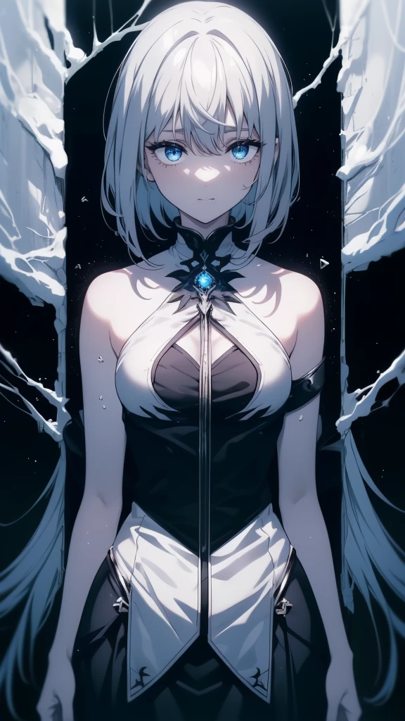 (masterpiece, highest quality, Ultra-high resolution), 1 boy, Are standing, , White office shirt, Black pleated skirt, ((jet black, jet black hair:0.7), Cut long hair, White skin, ((blue eye)), Shine_eye, neon eye, (ultra detailed eye, Beautiful and elaborate face, detailed eye:0.9), ((in the center)), smile, ((Wide Shot)), Face-to-face audience, eyeの高さ, (black background, 残りfire, fire), Flat Chest, Looking at the audience, ((half closed eye)), ((Perfect hands)), (((head, arm, Hip, elbow, In the view))), ((Place your hands behind your back)), empty eye, Beautiful lighting, background, Defined Subjects, Age 25, Perfect Anatomy, Perfect body,Gray Hair,長いeyeで見る,short hair,snow,snow,吹snow,winter,Tethered to a machine,Mechanization,機械のarm,Look to the side,spooky