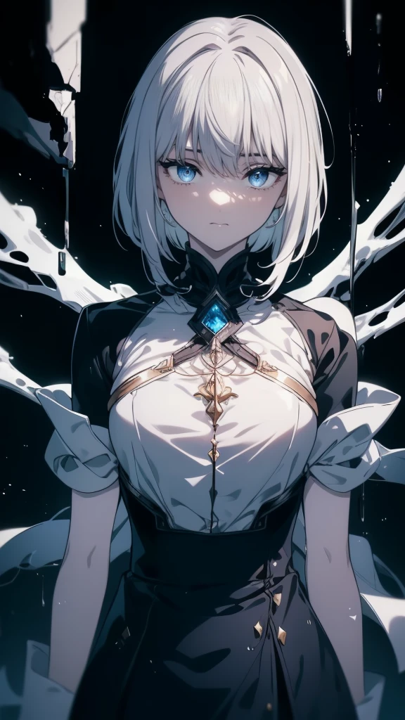 (masterpiece, highest quality, Ultra-high resolution), 1 boy, Are standing, , White office shirt, Black pleated skirt, ((jet black, jet black hair:0.7), Cut long hair, White skin, ((blue eye)), Shine_eye, neon eye, (ultra detailed eye, Beautiful and elaborate face, detailed eye:0.9), ((in the center)), smile, ((Wide Shot)), Face-to-face audience, eyeの高さ, (black background, 残りfire, fire), Flat Chest, Looking at the audience, ((half closed eye)), ((Perfect hands)), (((head, arm, Hip, elbow, In the view))), ((Place your hands behind your back)), empty eye, Beautiful lighting, background, Defined Subjects, Age 25, Perfect Anatomy, Perfect body,Gray Hair,長いeyeで見る,short hair,snow,snow,吹snow,winter,Tethered to a machine,Mechanization,機械のarm,Look to the side,spooky