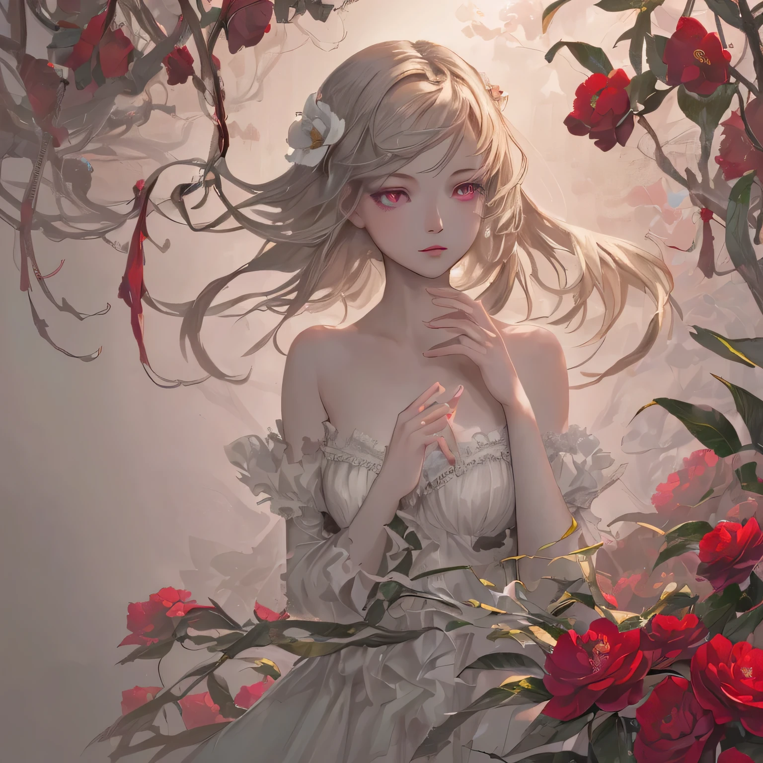 Works inspired by camellias, ((highest quality)), High resolution, 8k, Cinematic Light, High Contrast, Written boundary depth, Strong brilliance, Detailed Background, One Girl, cute, fine grain, Shining Eyes, Detailed Iris,