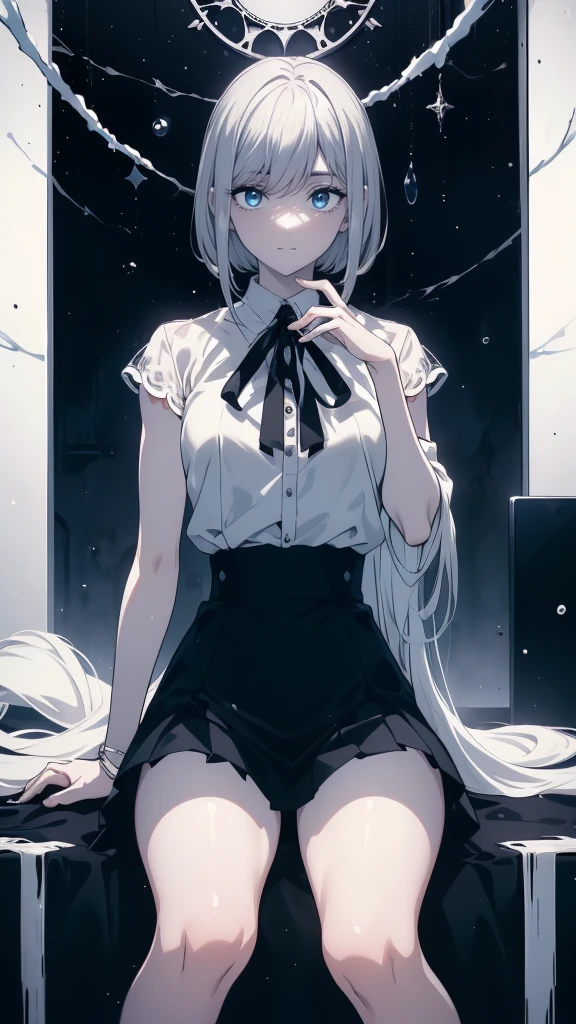 (masterpiece, highest quality, Ultra-high resolution), 1 boy, Are standing, , White office shirt, Black pleated skirt, ((jet black, jet black hair:0.7), Cut long hair, White skin, ((blue eye)), Shine_eye, neon eye, (ultra detailed eye, Beautiful and elaborate face, detailed eye:0.9), ((in the center)), smile, ((Wide Shot)), Face-to-face audience, eyeの高さ, (black background, 残りfire, fire), Flat Chest, Looking at the audience, ((half closed eye)), ((Perfect hands)), (((head, arm, Hip, elbow, In the view))), ((Place your hands behind your back)), empty eye, Beautiful lighting, background, Defined Subjects, Age 25, Perfect Anatomy, Perfect body,Gray Hair,長いeyeで見る,short hair,snow,snow,吹snow,winter,Tethered to a machine,Mechanization,機械のarm,Sitting,spooky