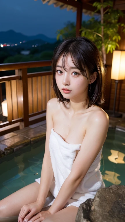 (night:1.7), east asian architecture, 1 female,sitting on the tatami, brunette colored hair,(hair between the eyes), lip flap, (16 years old:1.3),(beautiful shiny straight short long:1.3),beautiful fingers,beautiful long legs,beauty body,cute nose,beautiful character design,Perfect Eye,Perfect face,looking at the viewer,(innocent_big_eye:1.0),(light_笑face:0.3),official art,Highly detailed CG Unity 8K wallpaper、bright_front_face_lit,(master piece:1.0),(Highest_quality:1.0), 超A high resolution,4k,super detailed, photo shoot, 8K, nffsw, High resolution, absurd:1.2, kodak portrait 400, film grain, lens flare glow, (beautiful_face:1.5),8K,Raw photo, 、Relax in a Japanese hot spring inn、(The subject is the first hot spring trip with a girl:1.3) (Draw an open-air bath more widely:1.2) (girls are not subjects:1.3) The hotel room is messy (Girl standing on balcony:1.3) (hair after bath:1.3),((I was naked and placed a small handkerchief towel next to him.:1.3)) ,(hair is wet:1.3),((beautifully depicts depth and width:1.3)),((An open-air bath surrounded by a Japanese garden and giant rocks, With just two small lights.:1.3)),((You can see a beautiful starry sky.:1.3))(Hide your erogenous zones with a small handkerchief towel in the open-air bath:1.2)(girls are not subjects:1.3),((white and soft skin:1.3)),(((Looks like a whole body:1.3))(We have beds for sex.:1.2)the girl is naked in bed((The open-air bath is a wooden bathtub surrounded by large natural stones..:1.3))