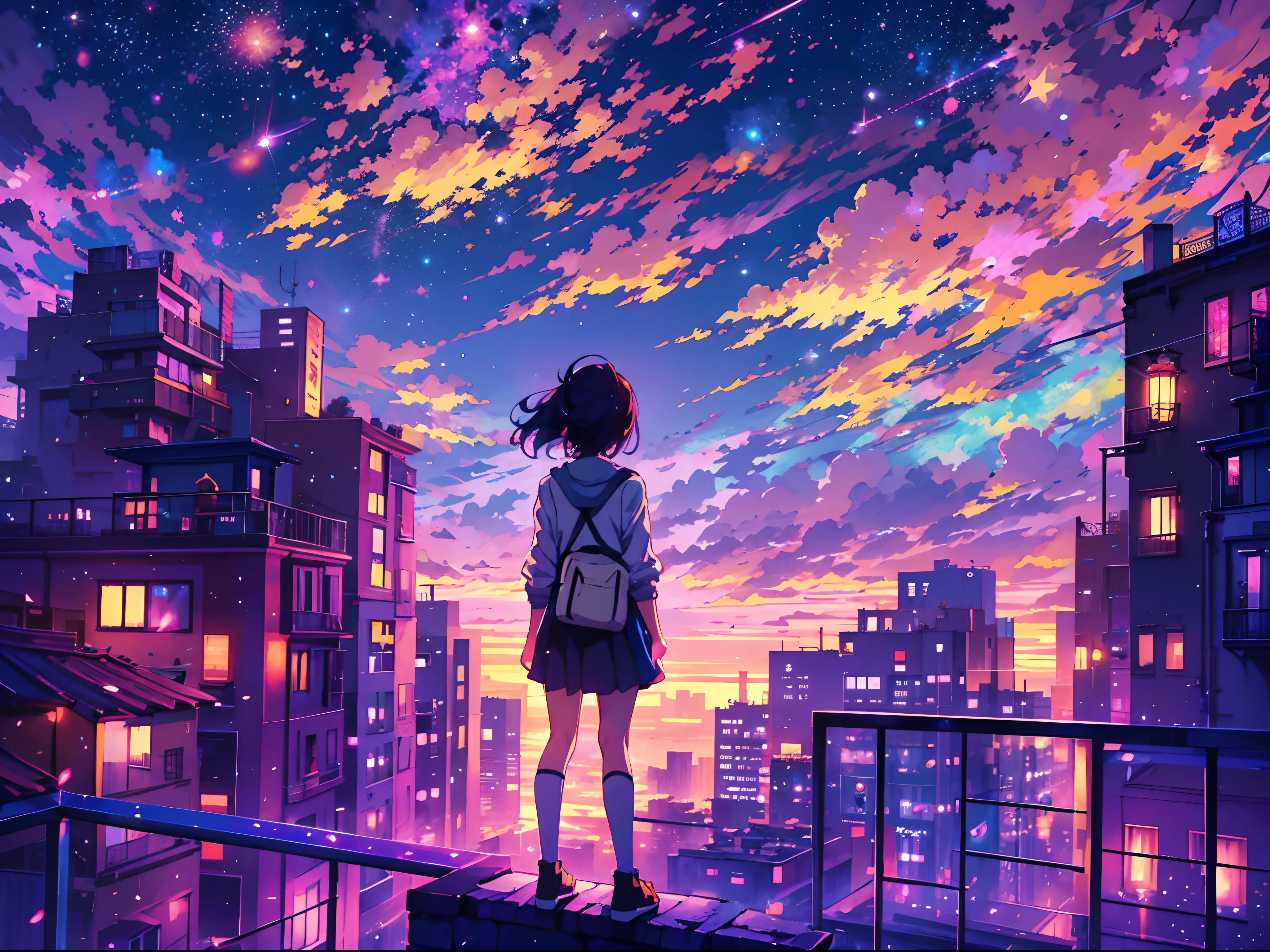 Anime girl stands on the roof and looks at the night sky with stars and rainbows, Rainbow Starry Night, Anime wallpaper 4k, Anime wallpaper 4 k, 4k Anime wallpaper, anime art wallpaper 8k, anime art wallpaper 4k, anime art wallpaper 4k, anime style 4k, Makoto Shinkai Cyril Rolando, 4k manga wallpaper, Anime wallpaper, awesome wallpaper, falling stars