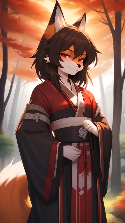 Best quality, super detailed illustration, warm colors, Ideal lighting, (Fluffy fox boy:1.4), red and black colors, feminine face and body, disheveled thick hair, samurai clothing, Japanese atmosphere ,at an outpost in the middle of the forest, smug smile, half-closed eyes , Femboy, slim, perfect body, DND style