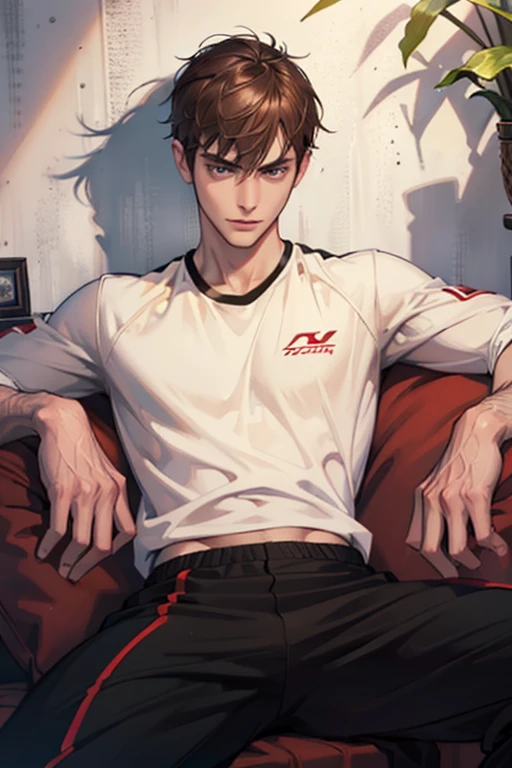 (nsfw), Highest quality, 8k, High resolution, One guy, male face, male eye brows, male eyes, facial muscle, adam's apple, larynx, slender face, sharp nose, flat chest, large pectorals muscle, small arms muscle, High-quality texture, Intricate details, CG, High Quality Shadows, Written boundary depth, Ray Tracing, cowboy shot, ((no hat : 1.3)), shoot from side, Looking at viewer, (performance t-shirt, tracksuit), (Eye color is brown), (Brown Hair, short hair, crew cut, shiny hair), sitting pose, spread legs, relaxed pose, sit in a sofa