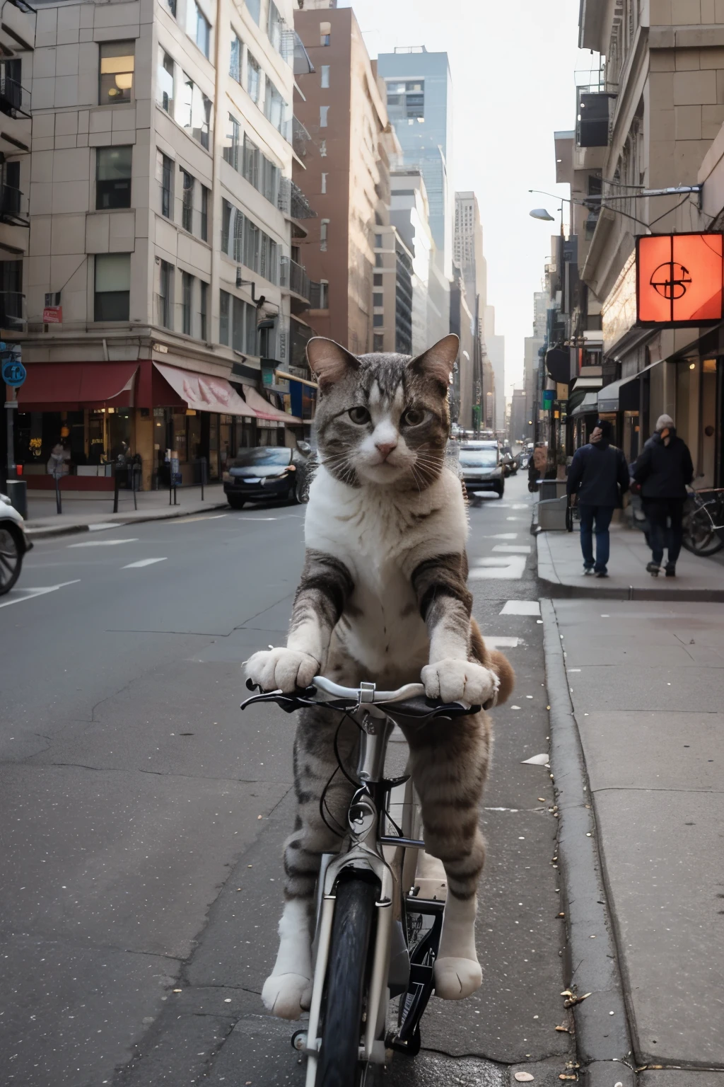 cat with helmet,ride a bicycle,in new york,illustration