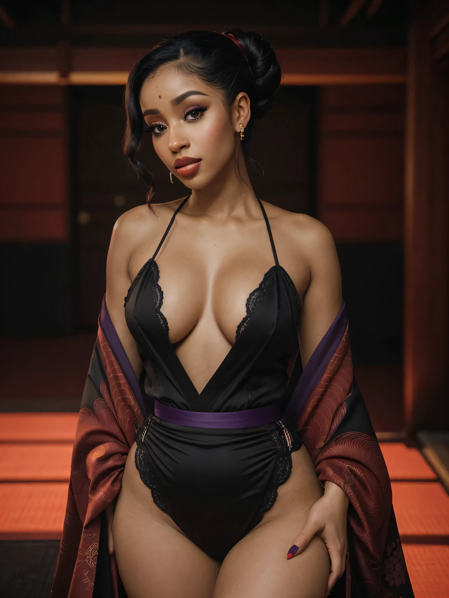 Foto hiperrealista en primer plano de Cardi B, masterpiece, best quality, (photorealistic:1.4), full body, (classy Japanese yellow kimono and nothing underneath:1.1), black long loose sophisticated curly bun, sexy posing bending over in a Japanese temple, on all fours, neons, cinematic light, beautiful woman, skinny, large D-cup breasts, perfect body, detailed face, slutty face, looking straight at the camera, photo taken from a distance (full body, editorial sophisticated photograph of a lightksin stunning woman), (highly detailed face:1.4) (smile:1.2) (background inside dark, moody, private study:1.3) POV, by lee jeffries, nikon d850, film stock photograph ,4 kodak portra 400 ,camera f1.6 lens ,rich colors ,hyper realistic ,lifelike texture, dramatic lighting , cinestill 800,