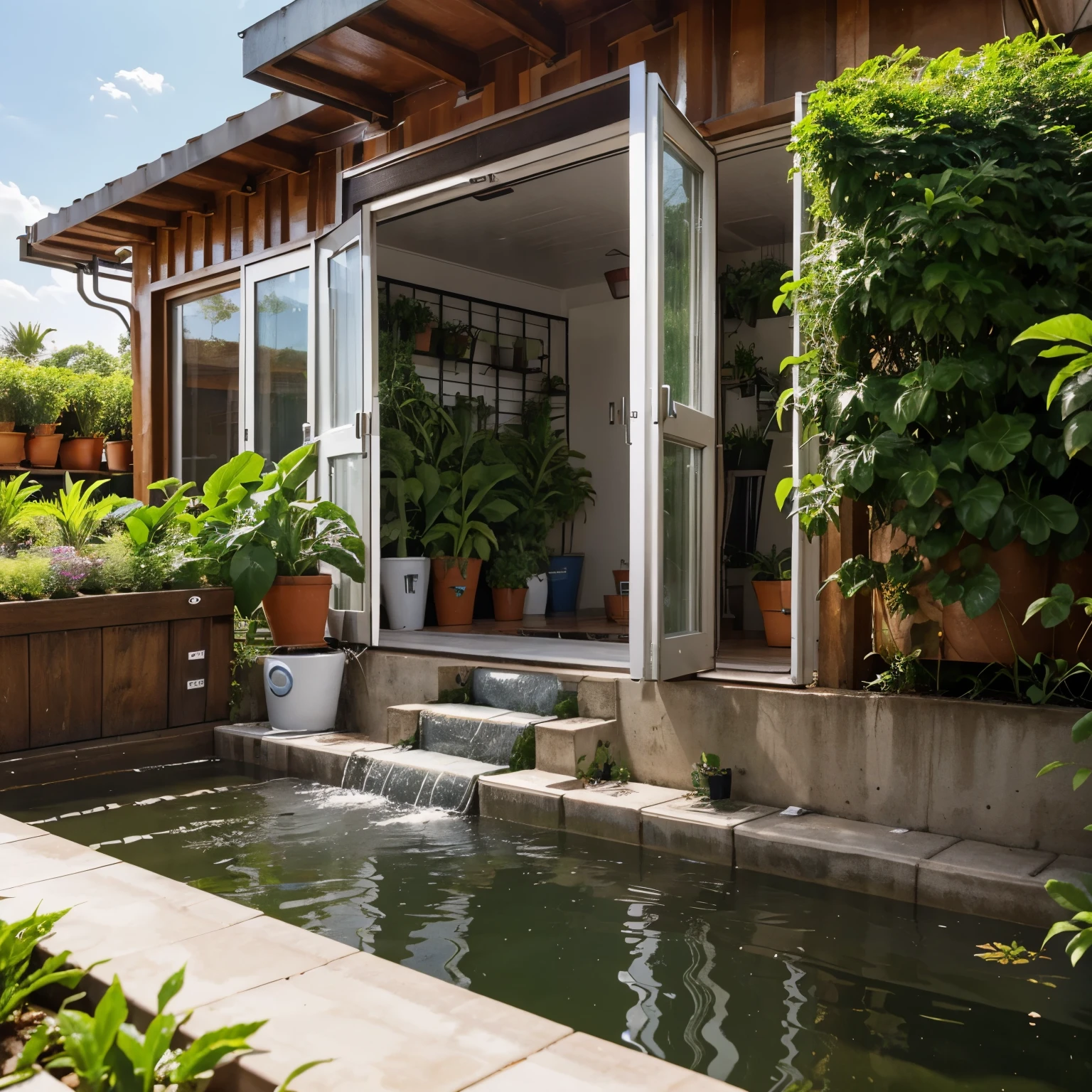 A hydroponics system The water comes directly from the gutter, passes through the plants and goes to a container at the front or back of the entire house, but the continuity of sun has to be taken into account, this is what we need to improve