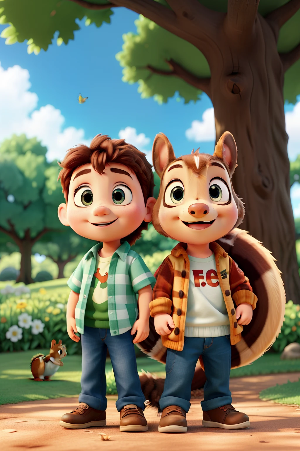 Tommy the boy and Nutty the squirrel, nestled under an oak tree in a serene setting, this hyper-realistic, 8k, ultra HD image comes to life in the Pixar and Disney Style. The tree's fluttering leaves, rendered in Cinema 4D, creating an immersive and captivating scene. With Tommy's bright eyes and Nutty's bushy tail, their friendship unfolds in a 3:2 aspect ratio, bringing a touch of warmth to this masterpiece.