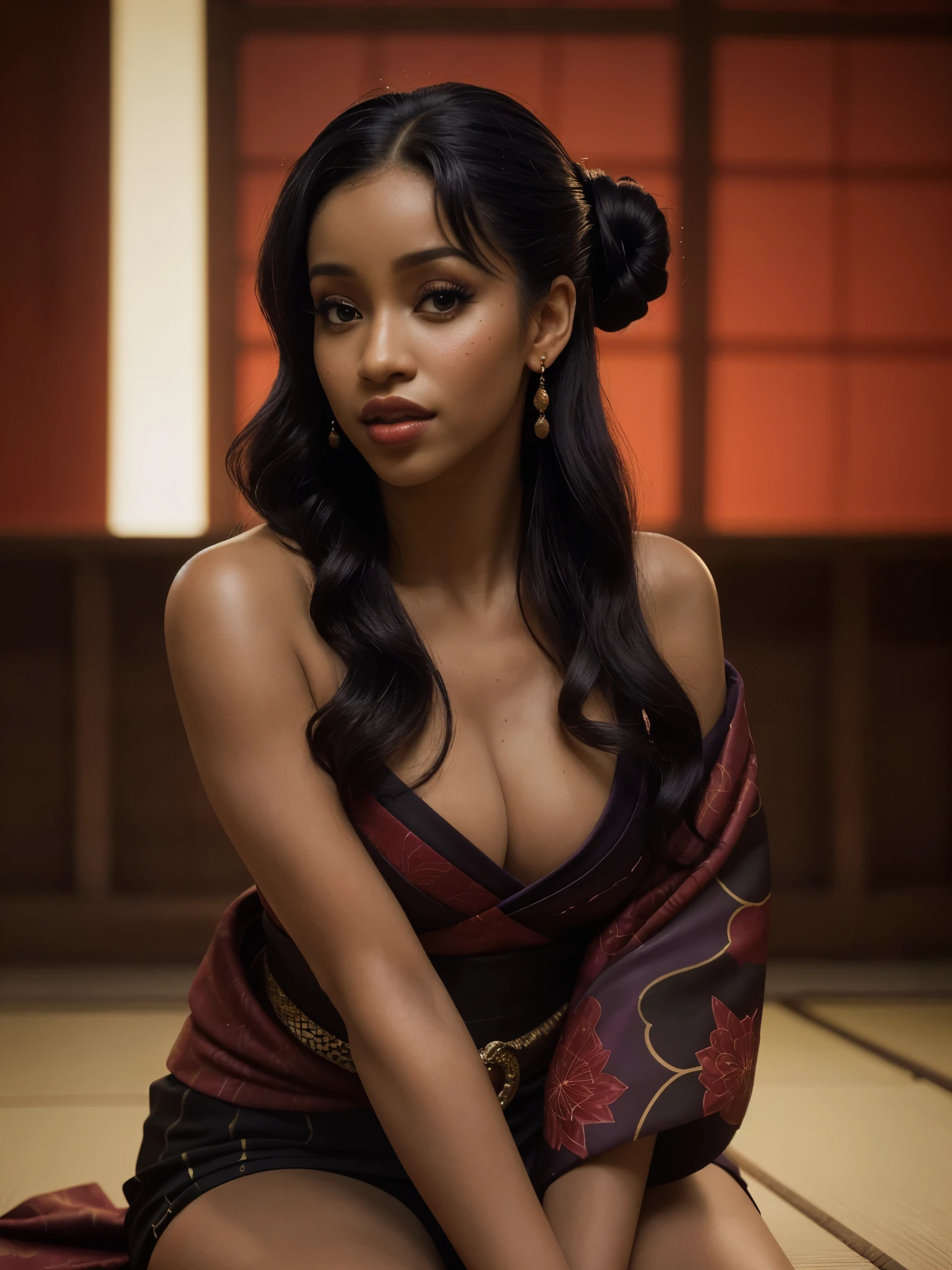 Foto hiperrealista en primer plano de Cardi B, masterpiece, best quality, (photorealistic:1.4), full body, (classy purple, black and red Japanese kimono with nothing underneath:1.1), black long loose curls in a sophisticated high bun, sexy posing in a Japanese temple, bending over, neons, cinematic light, beautiful woman, skinny, large D-cup breasts, perfect body, detailed face, slutty face, looking straight at the camera, photo taken from a distance (close-up, editorial photograph of a lightksin stunning woman), (highly detailed face:1.4) (smile:1.2) (background inside dark, moody, private study:1.3) POV, by lee jeffries, nikon d850, film stock photograph ,4 kodak portra 400 ,camera f1.6 lens ,rich colors ,hyper realistic ,lifelike texture, dramatic lighting , cinestill 800,