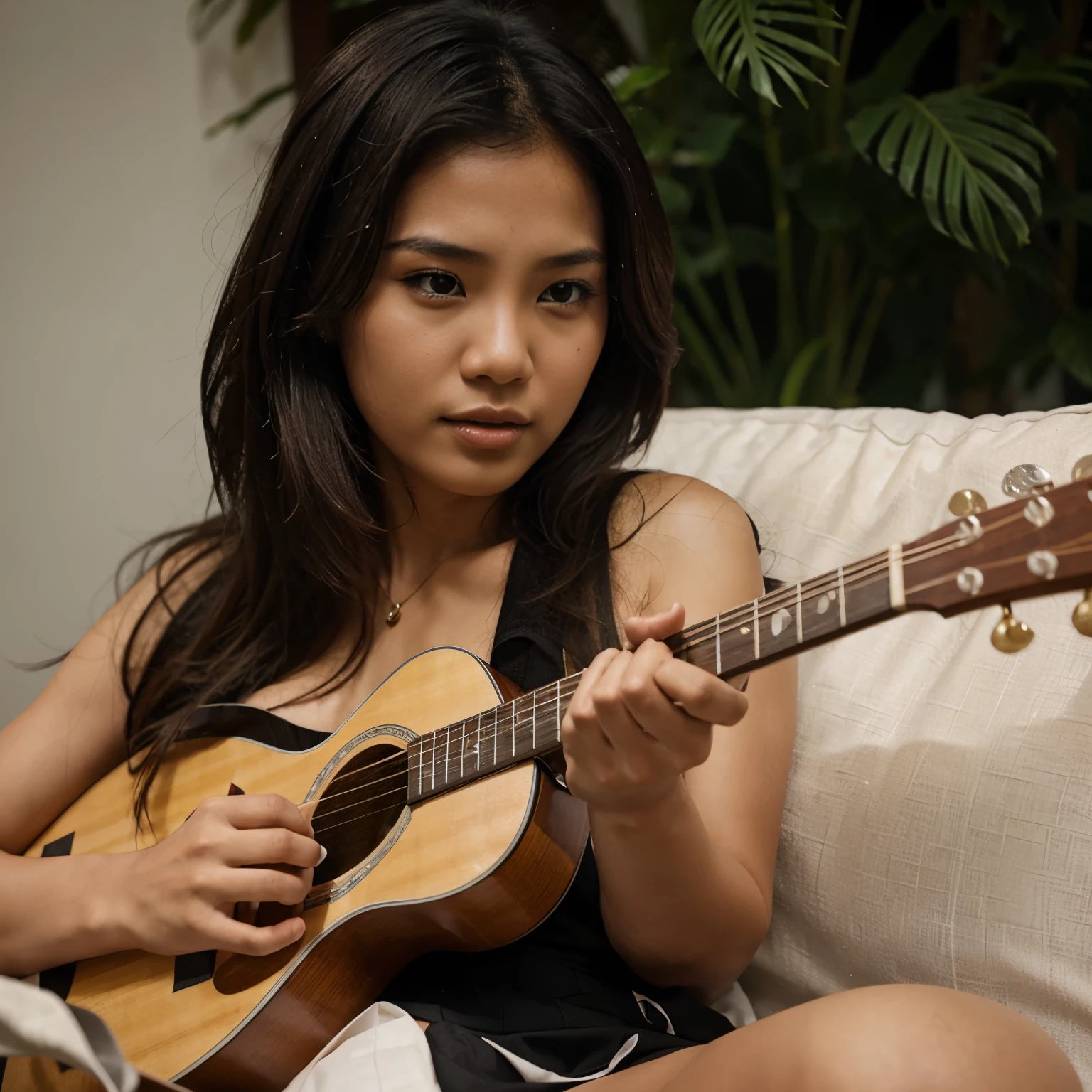 Realistic photo of a sexy Indonesian girl playing an acoustic guitar