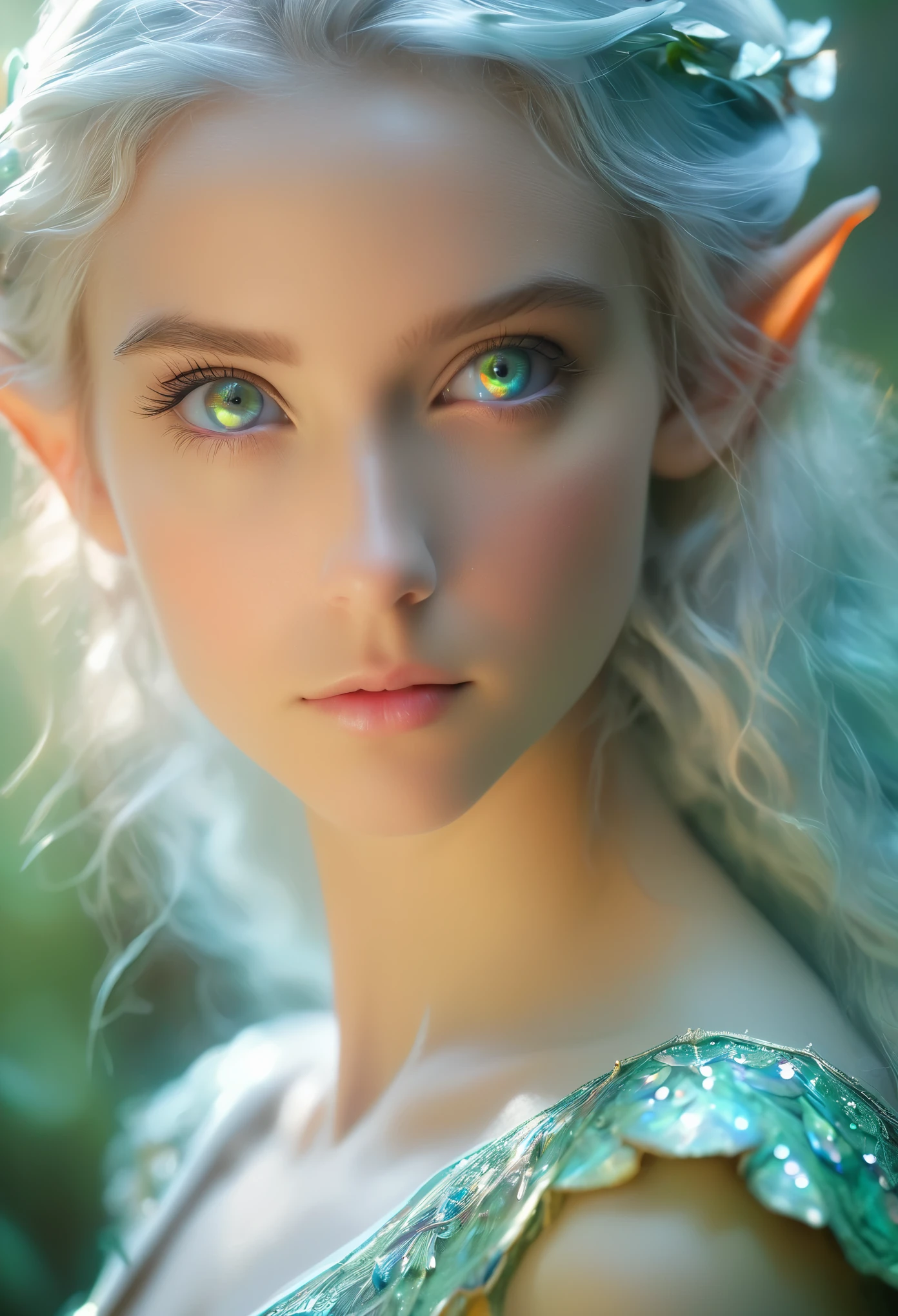 (best quality,4k,8k,highres,masterpiece:1.2),ultra-detailed,(realistic,photorealistic,photo-realistic:1.37),fantasy, (elf:1.5), the most beautiful girl,, close-up of face, silver hair, (iridescent slit eyes:1.4), detailed features, ethereal atmosphere, soft lighting, enchanted forest, flowing gown, graceful stance, vibrant colors, (NSFW:1.3), nipples