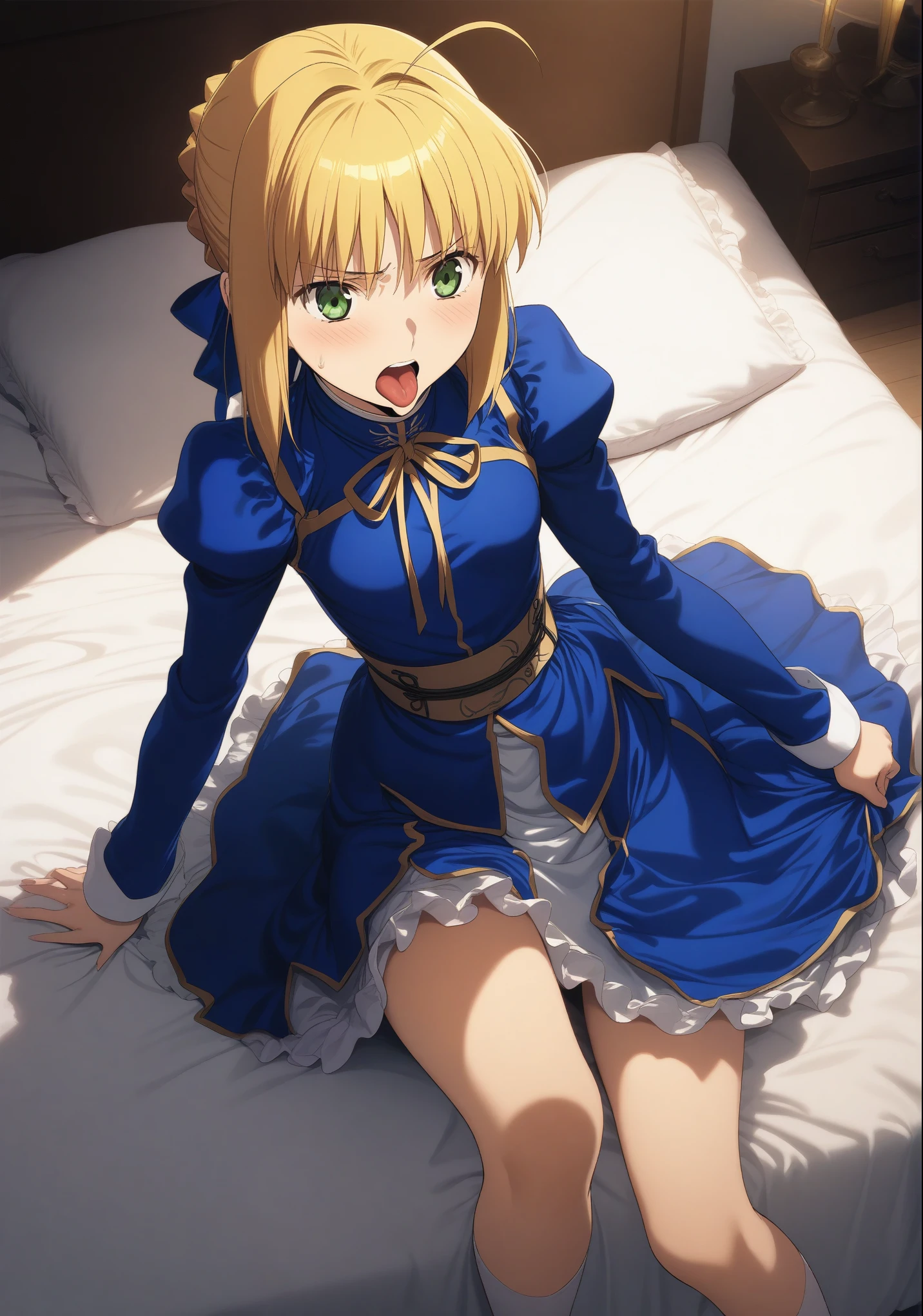 best quality, amazing quality, very aesthetic, absurdres, 1girl, saber, fate/stay night, 1girl, saber, fate/stay night, , (artist official art:1.5), green eyes, cinematic light, small breasts, bed, jitime, tongue, (angry:0.7), lift skirt