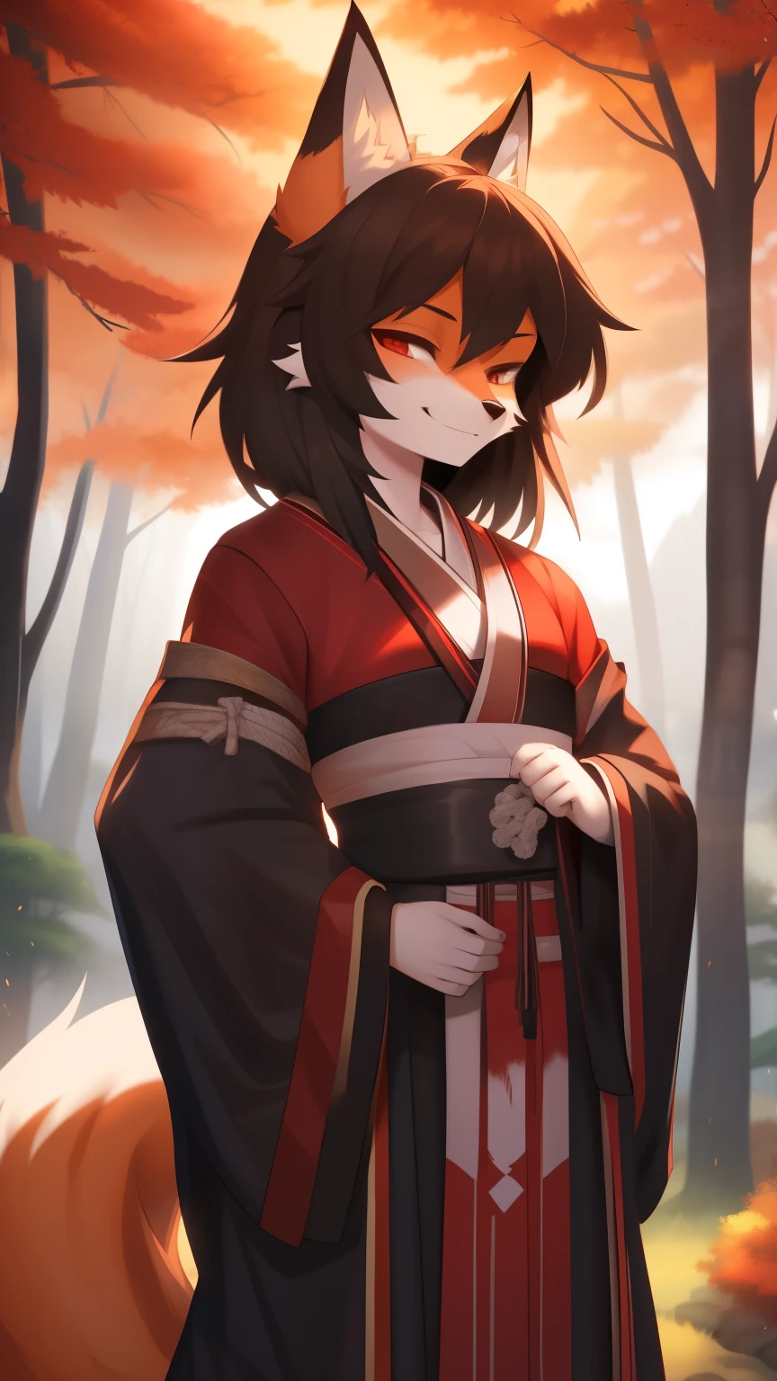 Best quality, super detailed illustration, warm colors, Ideal lighting, (Fluffy fox boy:1.4),  red and black colors, feminine face and body, disheveled thick hair, samurai clothing, Japanese atmosphere ,at an outpost in the middle of the forest, smug smile, half-closed eyes , Femboy,  slim, perfect body, DND style