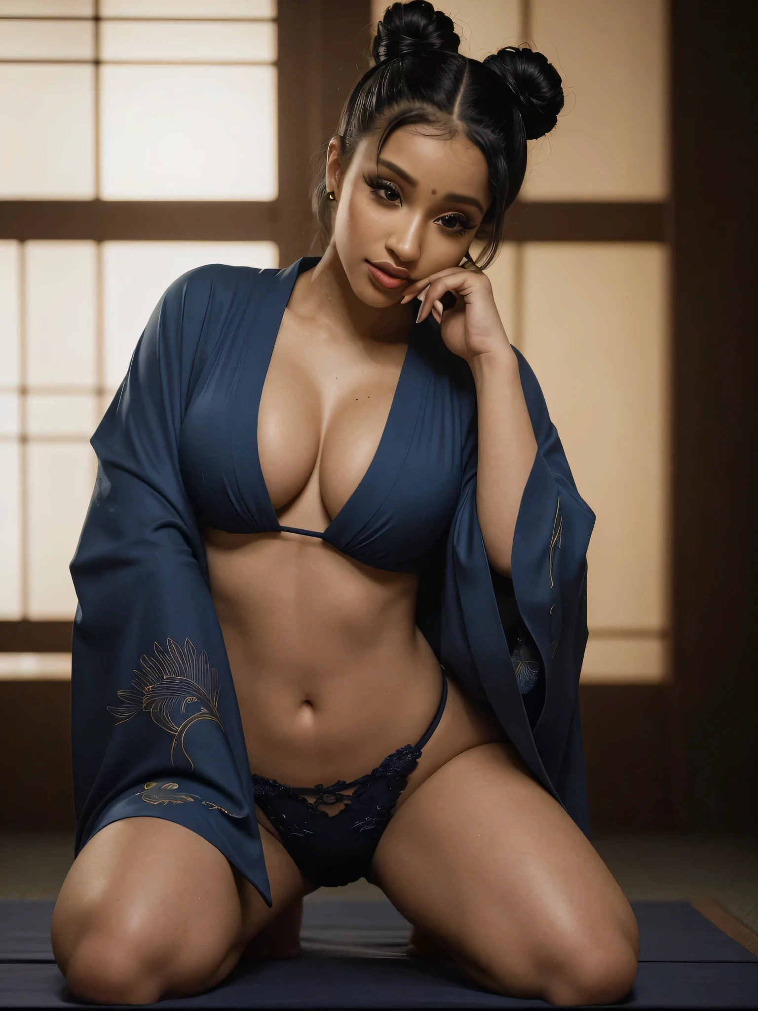Foto hiperrealista en primer plano de Cardi B, masterpiece, best quality, (photorealistic:1.4), full body, (classy blue and yellow Japanese kimono with nothing underneath:1.1), black long loose curls in a sophisticated high bun, sexy posing in a Japanese temple, bending over, neons, cinematic light, beautiful woman, skinny, large D-cup breasts, perfect body, detailed face, slutty face, looking straight at the camera, photo taken from a distance (close-up, editorial photograph of a lightksin stunning woman), (highly detailed face:1.4) (smile:1.2) (background inside dark, moody, private study:1.3) POV, by lee jeffries, nikon d850, film stock photograph ,4 kodak portra 400 ,camera f1.6 lens ,rich colors ,hyper realistic ,lifelike texture, dramatic lighting , cinestill 800,