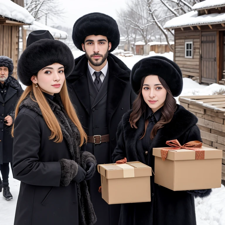 group of beautiful jew men dressed in black fur coats and boxes on their heads, and women with loose hair, in a Jewish village. focus on the characters.