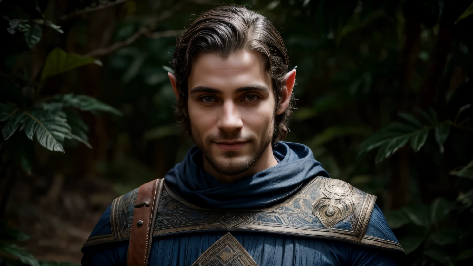 alta qualidade, Rosto extremamente detalhado, looking at the camera, olhos azuis, um close up de uma pessoa em ((cota de malha)), a portrait of a Elfo masculino, beautiful Elfo masculino, Elfo masculino, elven character with smile, portrait of an elven warrior, Retrato de um homem elfo esguio, tom de pele morena, Dark blue and black tunic, solid gray background, fundo floresta, ((sem joias))