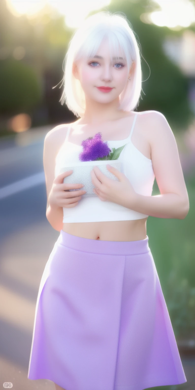 realistic, 1girl, white hair, purple eyes, glowing eyes, crop top, skirt, parted lips, blush, night, flowers, sun, sunlight,