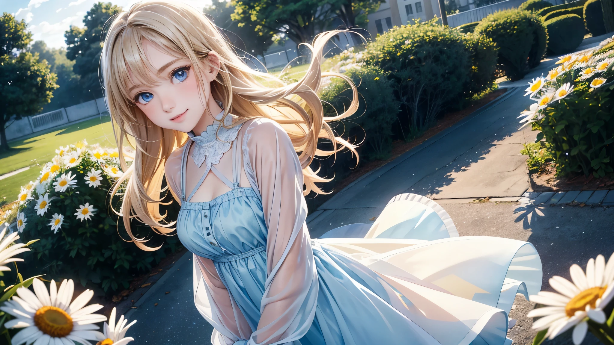 Highest quality 8K resolution,Realistic, Vibrant colors, Soft tones, With warm and gentle lighting, smiles at you, invites you, The girl is happy to see you, smiles at you, (Smooth straight blonde hair:1.2),(Hair parted in the middle:1.2),(Glowing hair),(Deep Blue Eyes:1.3),looking at the camera, slight smile, Girl walking in town, (Nostalgic atmosphere),Cool morning clouds are calm and peaceful,She walks in a field of daisies, The tree々Gentle sunlight illuminates the space,Like multicolored glass, semi-sheer dress, gentle sunlight,Soft breeze,Delicate flowers,Butterflies flutter by,Mesmerizing natural beauty,Fragments of Shining Stars,Autumn breeze carrying farewell,