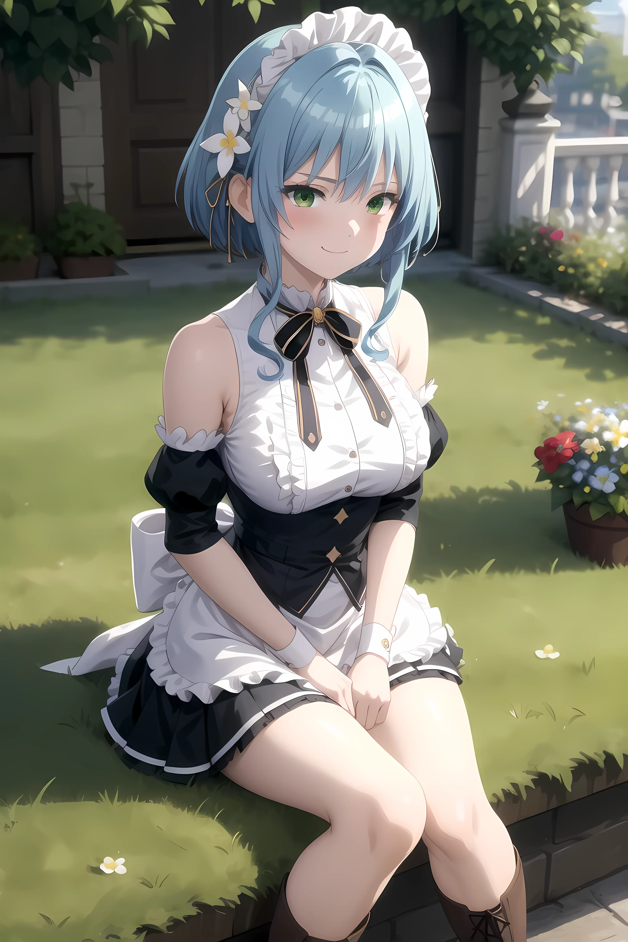 (masterpiece), best quality, expressive eyes, perfect face, (masterpiece, best quality), villhaze, 1girl, blue hair, short hair, bangs, green eyes , hair between eyes, hair ornament, maid headdress, hair flower, sidelocks, medium breasts, white shirt, frilled shirt, neck ribbon, bare shoulders, detached sleeves, puffy sleeves, long sleeves, black sleeves, maid, waist apron, black skirt, boots, knee boots, brown footwear, looking at viewer, garden, sitting leg focus, flustered, blush, smirk