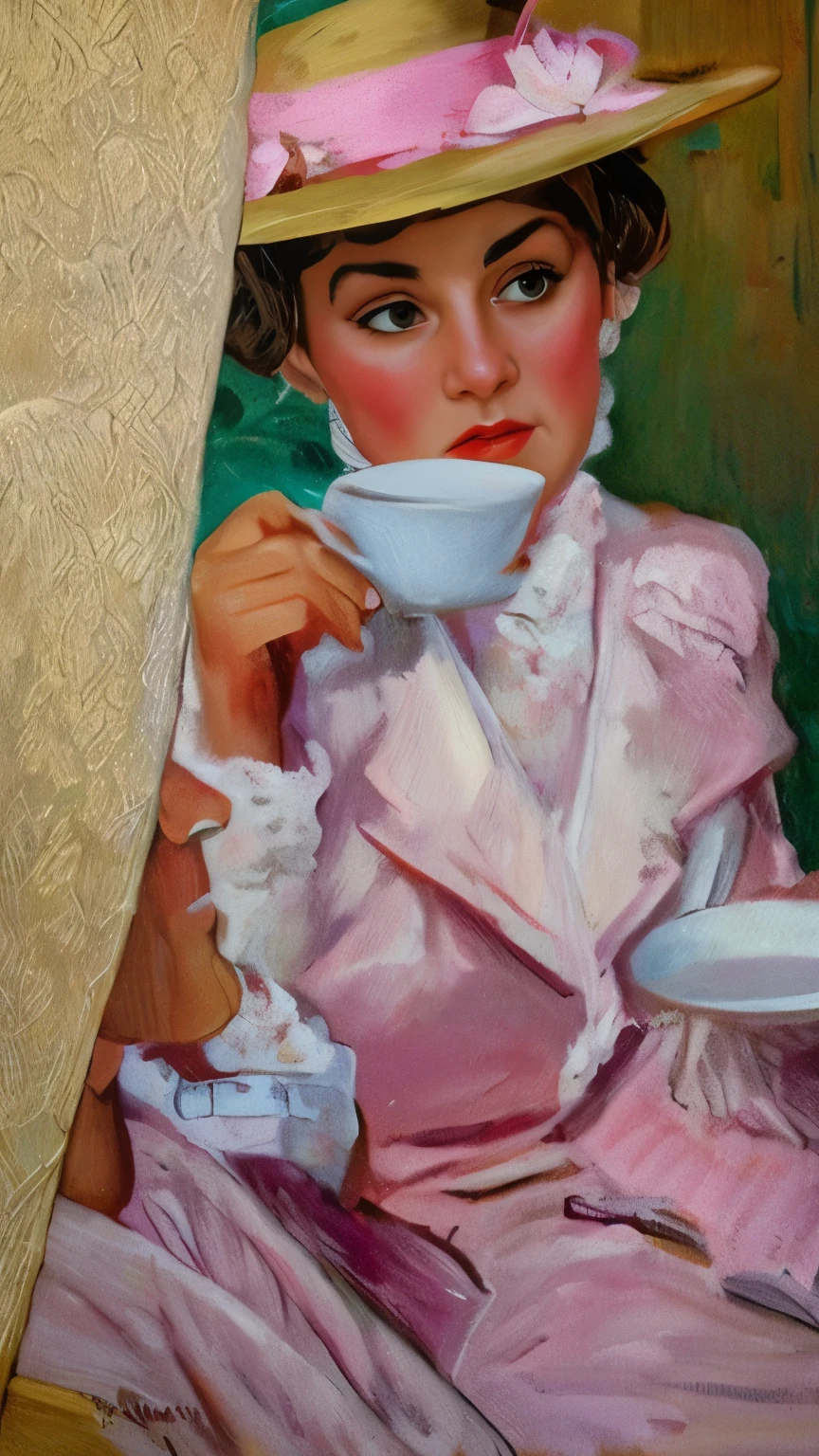 painting of a woman in a pink dress and hat holding a cup, drinking tea, by James Montgomery Flagg, by Hovsep Pushman, vintage magazine illustration, by Dorothy Coke, by Coby Whitmore, painting of an undercover cup, inspired by James Montgomery Flagg, norman rockwell. detailed, normal rockwell, by Tom Lovell, by John Sloan