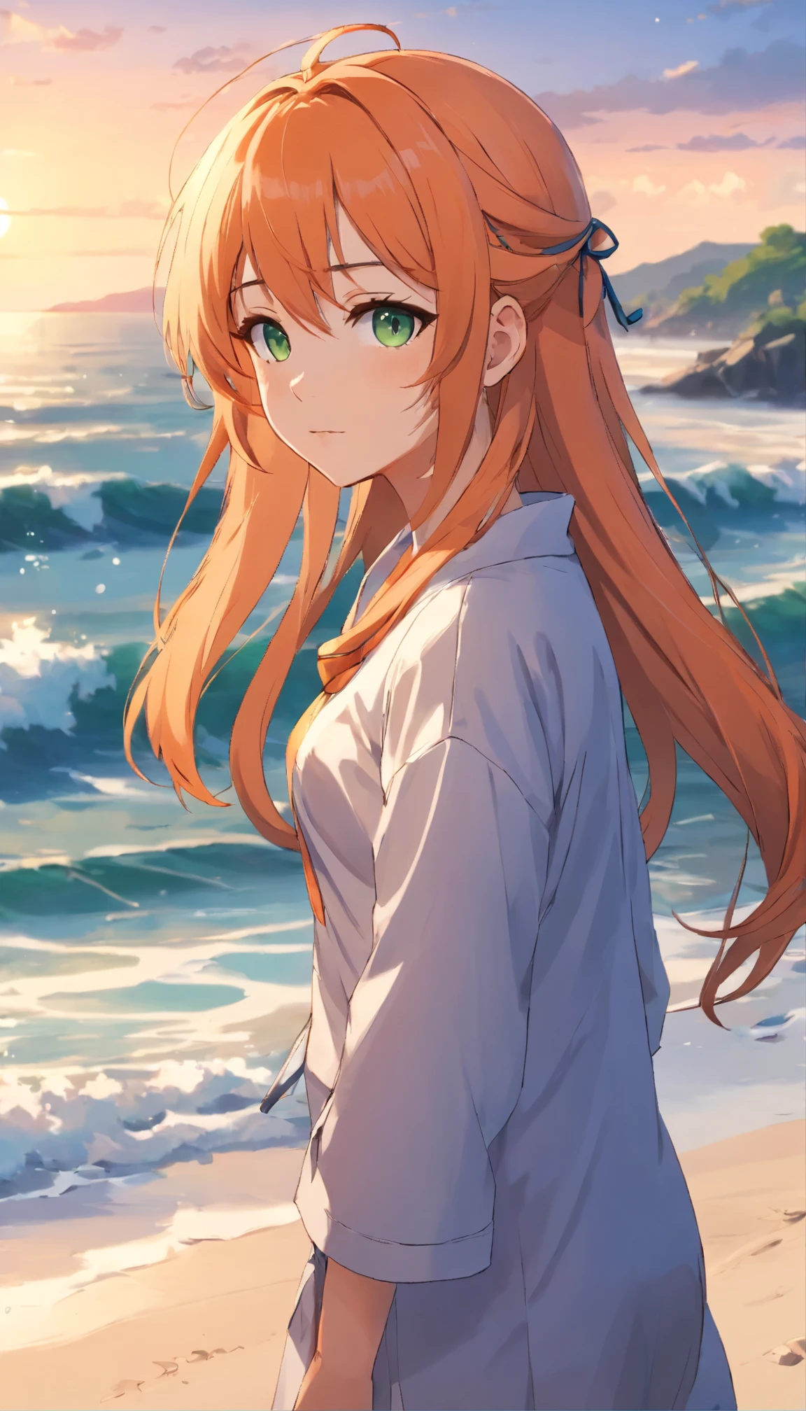 Anime girl with long orange hair, standing on the beach near the ocean, green eyes detailed digital anime art, cat ear, anime girl with long hair, гладкое аниме cg art, anime girl with long hair, digital anime art, work in Guweiz style, Beautiful anime portrait, Photorealistic render of an anime girl, Beautiful anime girl, advanced digital anime art, guweiz на artstation pixiv HD UHD HQ