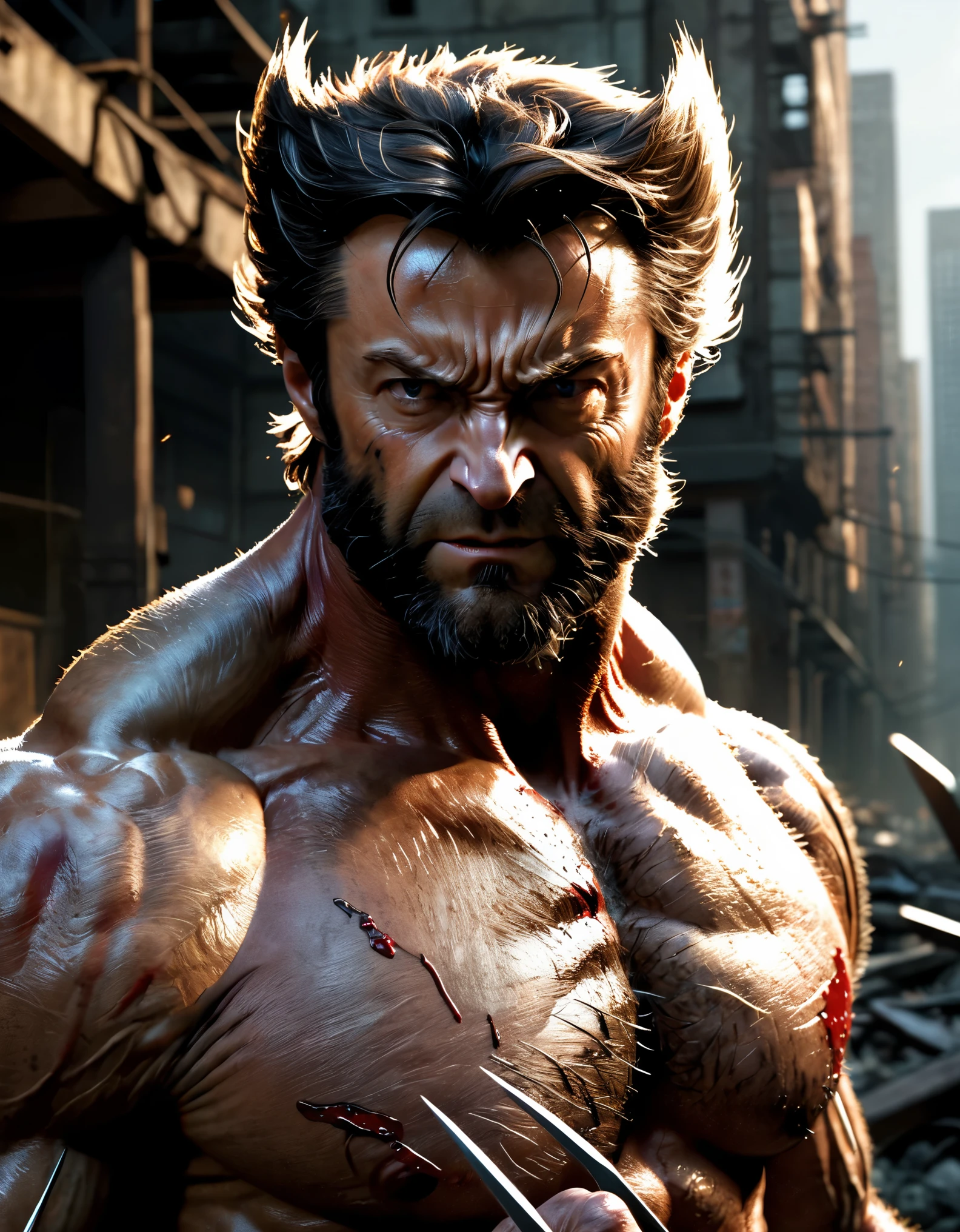 Renowned Wolverine springs into action in this visually stunning, lifelike masterpiece of an image. The main focus is on Wolverine's imposing presence, with his muscular and hairy body exuding raw power. The intricate details of his face, including his piercing eyes, well-defined nose, and rugged beard, are captured flawlessly.
To create this artwork, a combination of traditional illustrations and digital rendering techniques is employed. The medium used is a mix of pencil and digital painting, resulting in a unique blend of realism and artistic expression. The meticulous attention to detail and shading techniques bring out the texture of Wolverine's adamantium claws and make them look truly menacing.
The scene is set against a backdrop of a ruined city, showcasing the gritty and intense atmosphere of Wolverine's world. The debris and crumbling buildings add depth and drama to the composition, emphasizing the character's inherent toughness and resilience.
The image quality is top-notch, with the resolution set at an impressive 4K. This ensures that every intricate detail of Wolverine's form, from the individual strands of his hair to the texture of his costume, is crisply rendered. The use of advanced lighting techniques, such as studio lighting and dynamic shadows, further enhances the realism and three-dimensionality of the image.
The overall color scheme is rich and vibrant, with deep shades of red and black dominating the composition. These colors not only reflect Wolverine's iconic costume but also contribute to the intense and brooding atmosphere of the scene. The contrast between light and shadow is skillfully utilized to create depth and drama, highlighting the strength and ferocity of the character.
In summary, this prompt generates a visually stunning image of Wolverine, showcasing his imposing presence, intricate details, and the intense atmosphere of his world. The lifelike rendering, high resolution, and expert use of lighting and color make this a