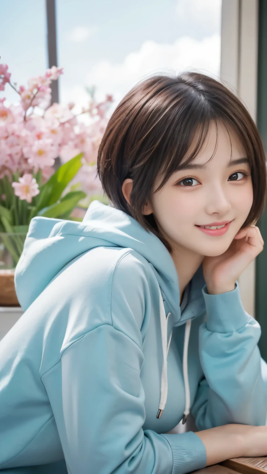 masterpiece、best quality、illustration、 Super detailed、fine details、 High resolution、8K Dende Wallpaper、perfect dynamic composition、19 year old cute college girl、sweet girl、detailed beautiful face、detailed cute eyes、textured skin、modest smile、short cut hair、small breasts、spring hoodie、bold sexy pose、