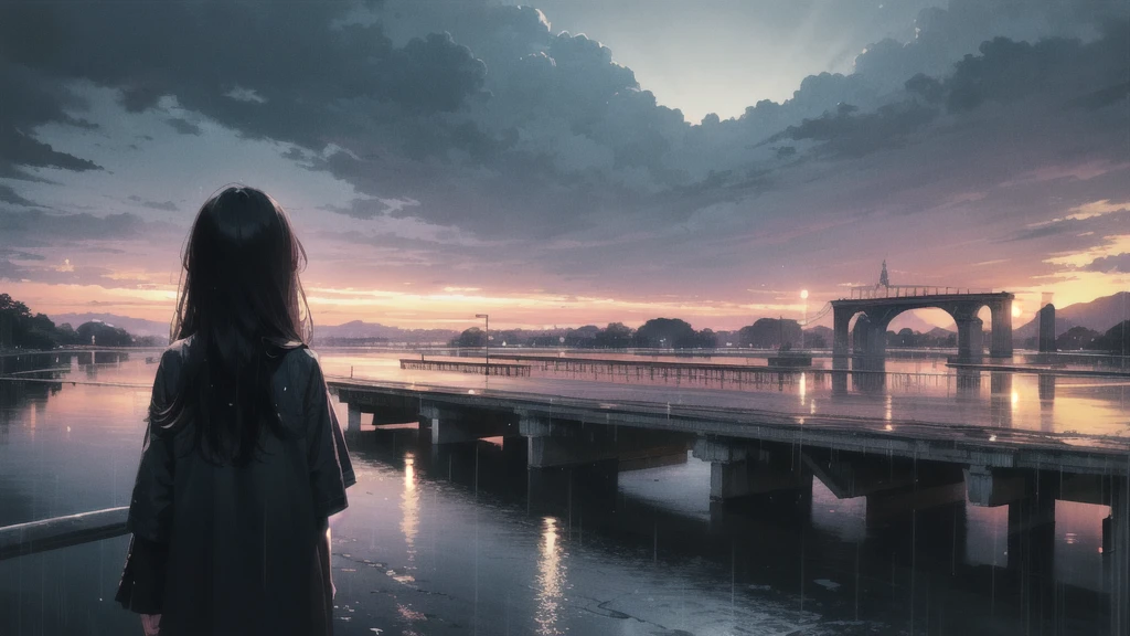 Confused, High resolution, (Official Art, beautifully、aesthetic:1.2), Close a view,
Bright Sky, A vast world, girl, stare, Awe-inspiring expressions, Distant Horizon, cloud, High Hill, Natural beauty, Inspiration, Light effects,rain,cloudy sky,Road along the railway tracks,cloudy sky,rainが降る,1 female,Black Hair,Medium Long Hair,evening,rain,A distant view,Small person,dark night,night,Black background,night,moon,Back view