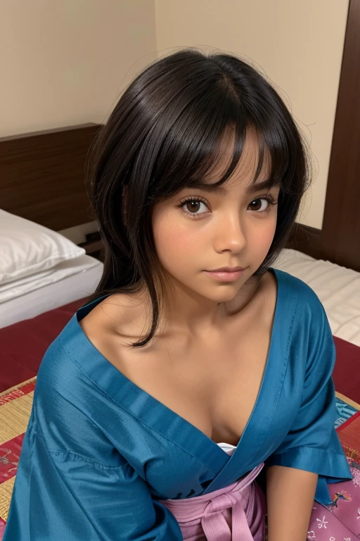 11 year old girl:1.5, fresh out of the bath:1.5,Lying face down on the futon:2,A brown yukata is placed over a prone body like a quilt..:1.75,The yukata obi is not attached..:1.95,Inside the inn room:1.2, Very dim lighting:1.2,pelo medio largo, Todo el color de cabello es gris oscuro.:1.75, cabello mojado ondulado,Tiene grandes orejas de gato negro en la cabeza..,cejas oscuras,Face red with shame.:1.5,fisico delgado,small breasts,cintura delgada,small ass, muslos delgados, tobillos delgados,super high quality,Detailed representation,4k, foto cruda