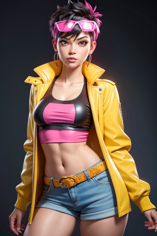 A woman in a yellow raincoat and pink eyewear on head, yellow leather jacket,  punk black hair (very short on the sides), solo, jubilee, open long yellow leather jacket!, big light brown eyes, small breasts, pink earrings, belt, cotton pink tank top, light blue low-waist denim shorts,  pink eyewear on head, covered navel, cropped legs, cotton, Sexy pose, front view!, white background, realistic colors, front view, light coming from the right, 8K image quality, Masterpiece