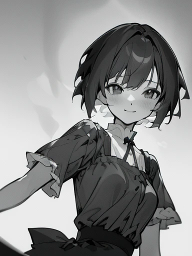 (a simple pose),(best quality,highres:1.2),(physically-based rendering),(grayscale),(simple lighting),(concept artists),(brushstrokes),(flowing movement),(anatomical accuracy),(best perspective),(best scene),,(looking at something),(anime girl),(young),(short hair),(slice of life),(simple details),(focus on posing),(half-body),(cute),(non sexy),(simple background),(manga),(smiling sweetly)