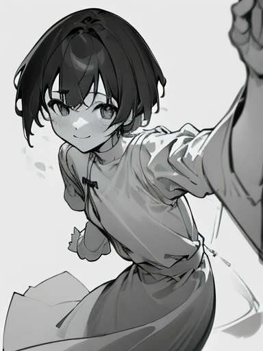 (a simple pose),(best quality,highres:1.2),(physically-based rendering),(grayscale),(simple lighting),(concept artists),(brushstrokes),(flowing movement),(anatomical accuracy),(best perspective),(best scene),,(looking at something),(anime girl),(young),(short hair),(slice of life),(simple details),(focus on posing),(half-body),(cute),(non sexy),(simple background),(manga),(smiling sweetly)