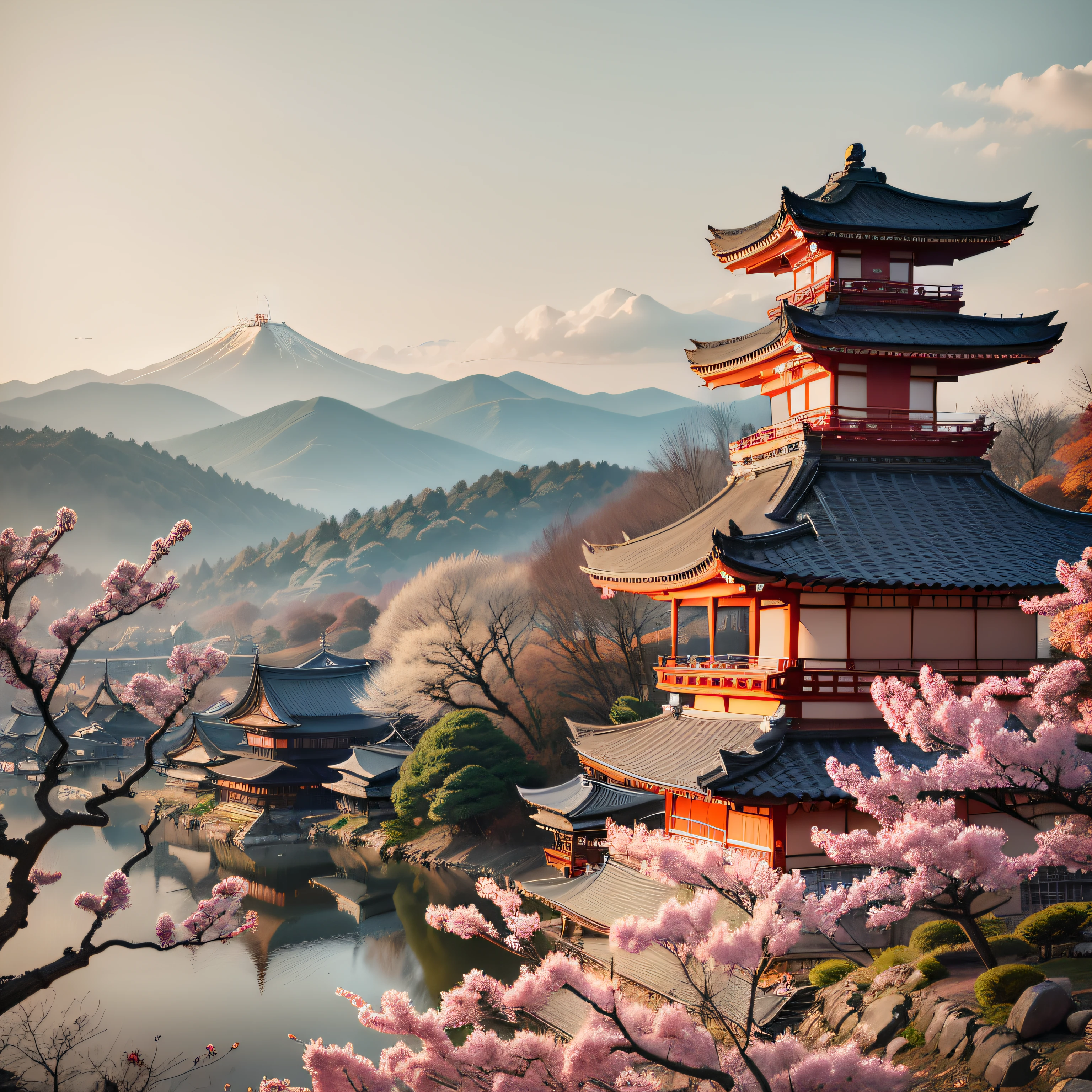 Arafed, view of the city with a pagoda in the distance, Kyoto, Kyoto japan setting, Kyoto inspired, Japanese city, Torii Kiyomasu, Edo Japan, Torii Kiyomasu II, like Kyoto, cosmology of Kyoto landscape, Japanese city, inspired Torii Kiyomasu, inspired Torii Kiyomasu II,real,32k