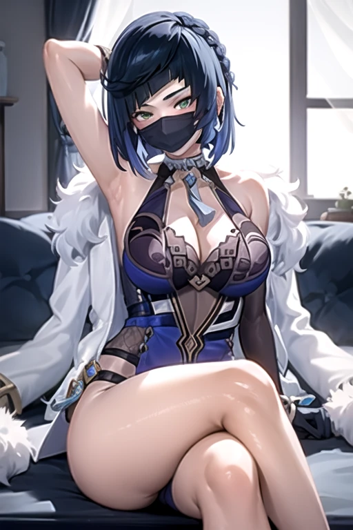 Photo of yelan from genshin impact, sexy, seductive, posing seductively on the bed, crossed legs, armpits,