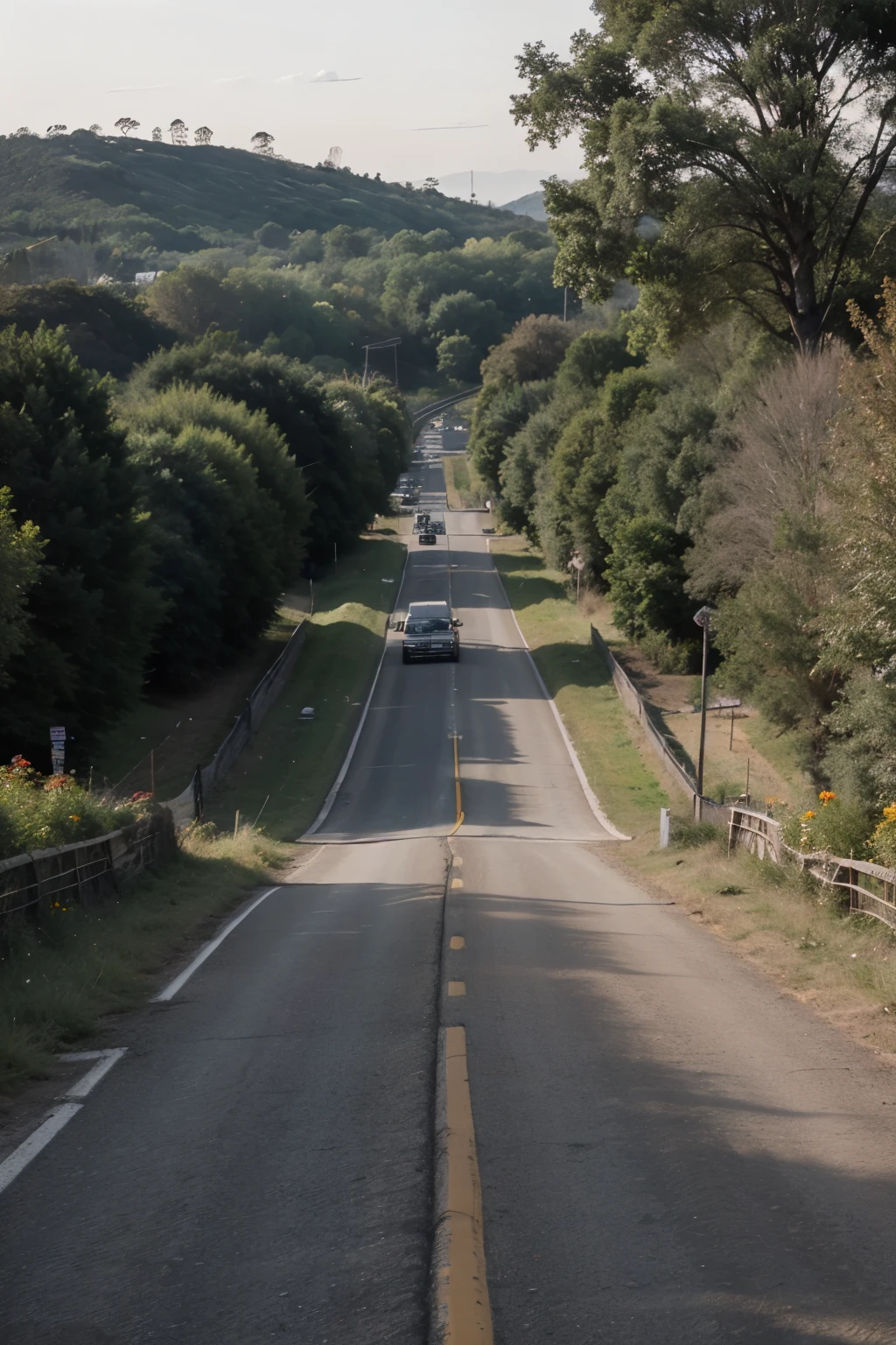 mostrar un atardecer en el campo y una carretera infinita con un autobus de pasaje avanzando hacia el final de la carretera, que se puedan observar arboles floridos a la orilla de la carretera