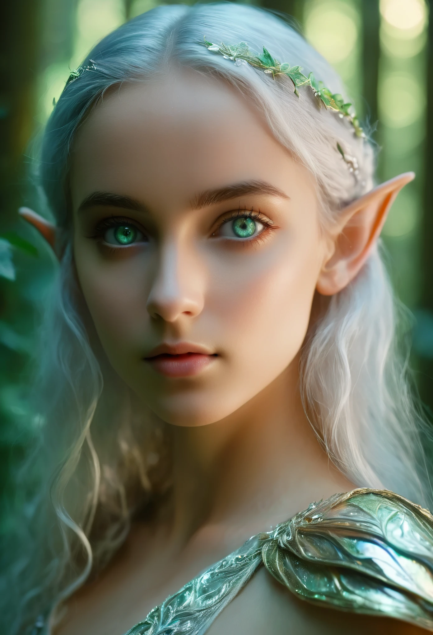 (best quality,4k,8k,highres,masterpiece:1.2),ultra-detailed,(realistic,photorealistic,photo-realistic:1.37),fantasy, (elf:1.5), the most beautiful girl,, close-up of face, silver hair, (iridescent slit eyes:1.4), detailed features, ethereal atmosphere, soft lighting, enchanted forest, flowing gown, graceful stance, vibrant colors, (NSFW:1.3), nipples