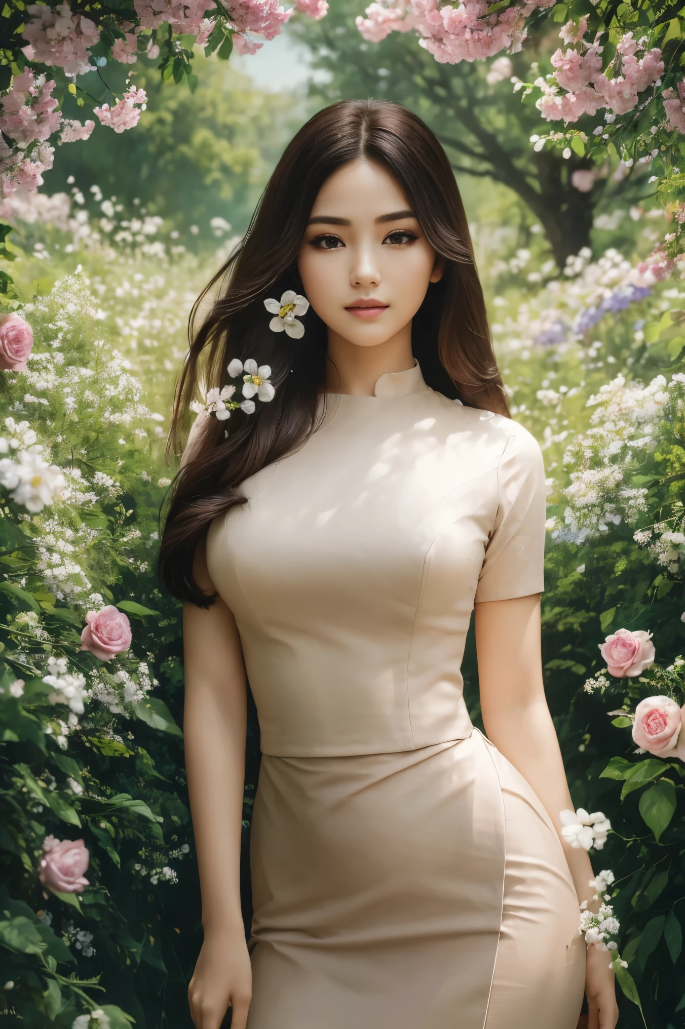 (best quality,ultra-detailed,highres,masterpiece:1.2), attractive girl with sharp detailed features, beautiful eyes, defined lips, long eyelashes, slender body, alluring posture, surrounded by vibrant flowers in a blooming garden, soft sunlight illuminating her face, creating a romantic and dreamy atmosphere, oil painting style, rich and vivid colors, with a touch of warm and vibrant tones, emphasizing the beauty and elegance of the girl, capturing the delicate details of her hair and clothes, creating a visually stunning and captivating masterpiece.