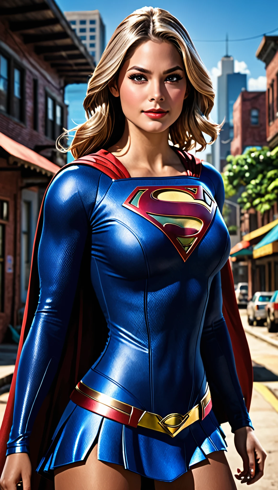 (Latina: Caribbean:1girl:Supergirl), uma bunda grande; (extremamente detalhado CG unidade 8k papel de parede),(master part), (best quality), (ultra-detalhado), (best illustration),(melhor sombra), cowboy shot, (Sharp eyeliner, sombra, olhos detalhados:1), Fundo da cidade, ,quebrar , (star15escola:1.2), ornamento de cabelo, Nueva York