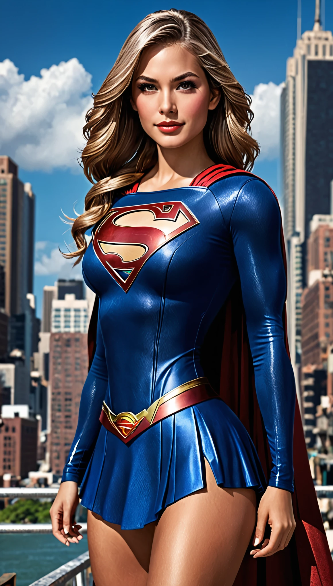 (Latina: Caribbean:1girl:Supergirl), uma bunda grande; (extremamente detalhado CG unidade 8k papel de parede),(master part), (best quality), (ultra-detalhado), (best illustration),(melhor sombra), cowboy shot, (Sharp eyeliner, sombra, olhos detalhados:1), Fundo da cidade, ,quebrar , (star15escola:1.2), ornamento de cabelo, Nueva York