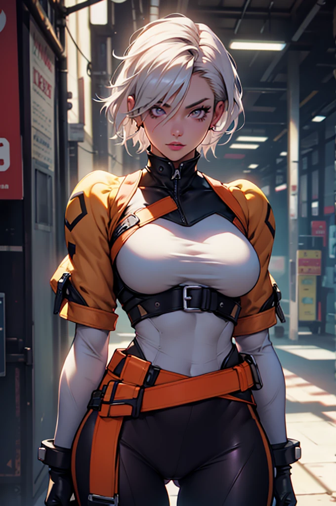 straight-on,pose,looking at viewer,solo, BREAK, CARTOON_rogue_costume_ownwaifu, www.ownwaifu.com, two-tone hair, brown hair, white hair, short hair, makeup, lipstick, hair between eyes, breasts, grey eyes, purple lips, eyeshadow, nose, medium breasts, split-color_hair, lips, pale skin, toned, narrow waist, curvy, collarbone, belt, bodysuit, armor, belt buckle, brown gloves, shoulder pads, turtleneck, yellow belt, skin tight, BREAK,, official art,extremely detailed CG unity 8k wallpaper, perfect lighting,Colorful, Bright_Front_face_Lighting,shiny skin, (masterpiece:1.0),(best_quality:1.0), ultra high res,4K,ultra-detailed, photography, 8K, HDR, highres, (absurdres:1.2), Kodak portra 400, film grain, blurry background,(vibrant_color:1.2),professional photograph,