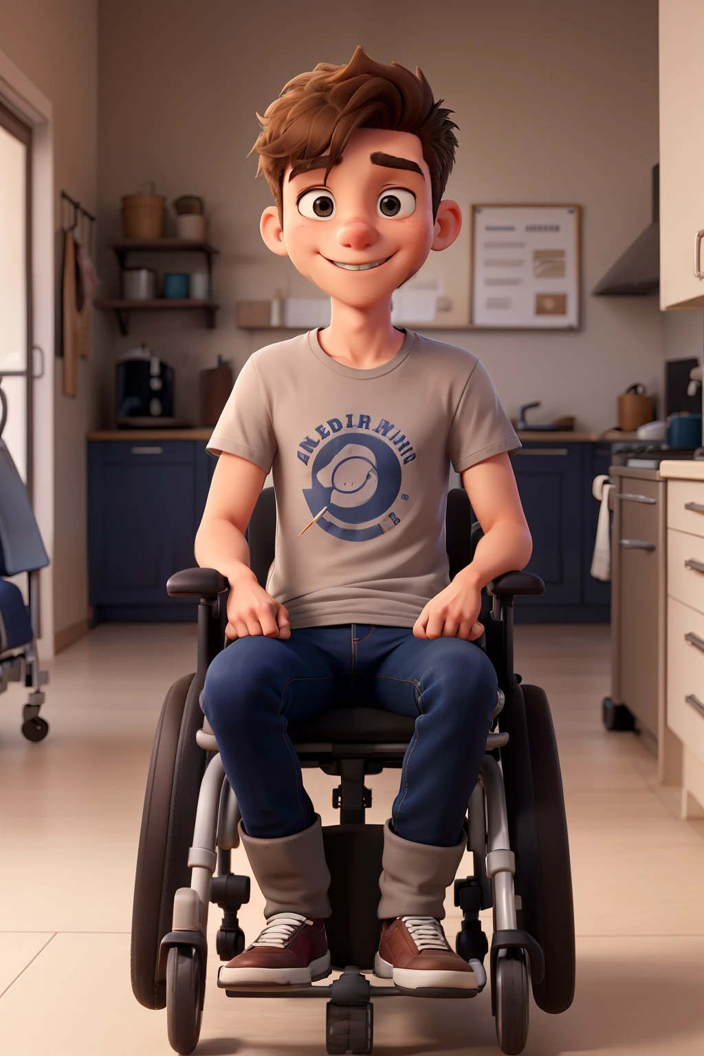 "A realistic depiction of a boy with a friendly smile, sitting in a modern wheelchair. The boy has short brown hair, wears a casual t-shirt and jeans, and is in a well-lit room. The wheelchair is sleek and silver, with red detailing. The background is a simple home environment, such as a living room or kitchen."