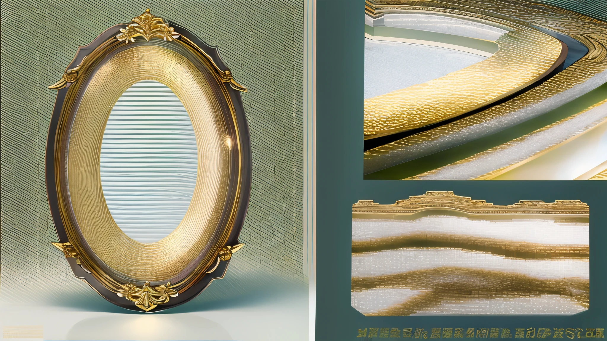Masterpiece, best quality, 8k, oval mirror, gold edge with wood