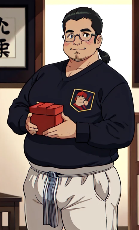 A fat middle-aged man is looking at the viewer and holding his crotch, use uma cueca box branca, cabelo preto curto, (obesidade: 0.7), 50 anos, Nerd, Shy, sentado na cama, pernas abertas, em um pequeno quarto privado empoeirado, copos, cabelo fino casual, Thick neck and round face with a lot of fat, suando, Sozinho, Asian, sentido muito prazer