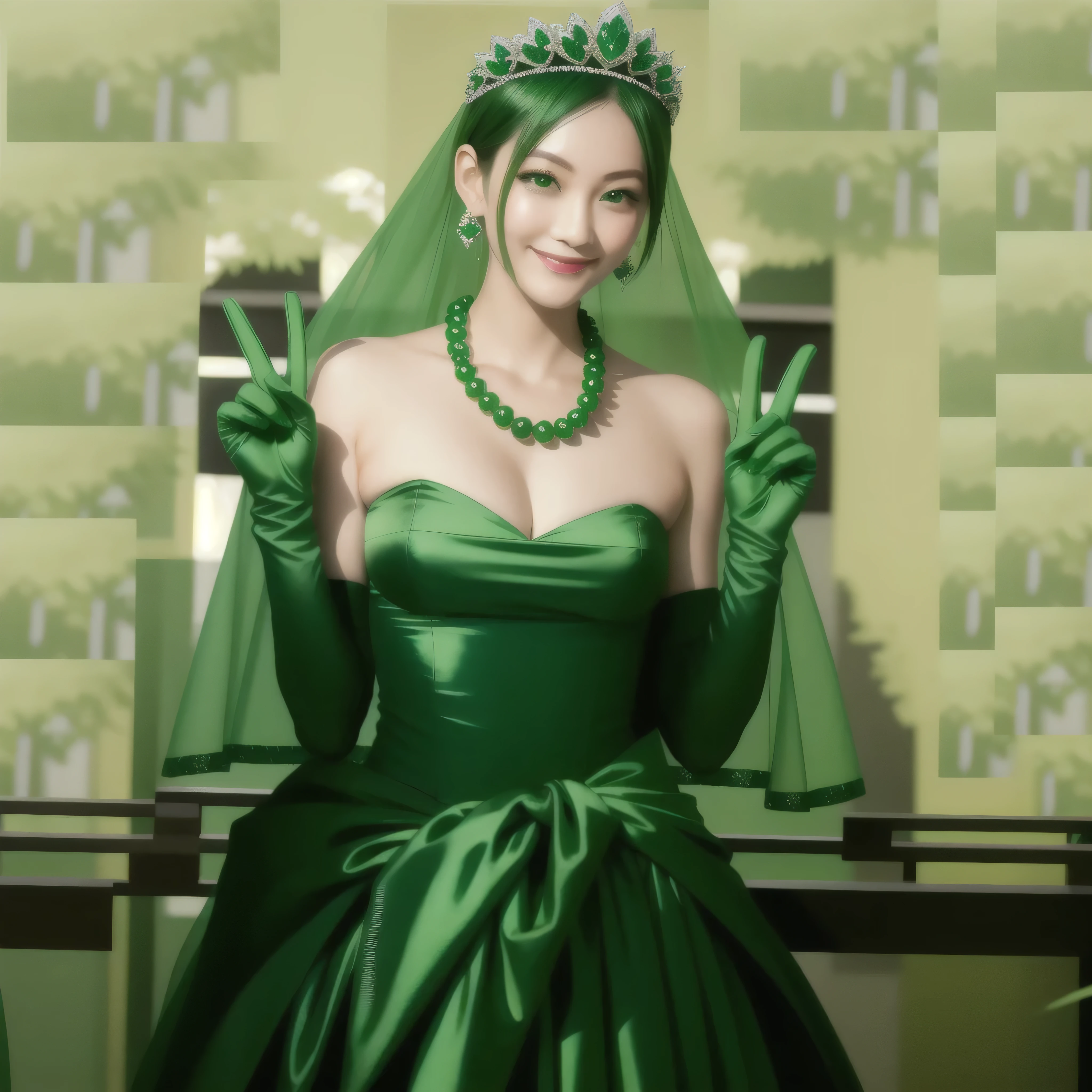 Emerald tiara, Green Pearl Necklace, boyish very short Green Hair, Green Lips, Smiling Japanese woman, Very short hair, Busty beautiful lady, Green Eyes, Green satin long gloves, Green Eyes, emerald earrings, Green veil, Heart with both hands, Green Hair, Beautiful Japanese Woman, v sign, green lip gloss