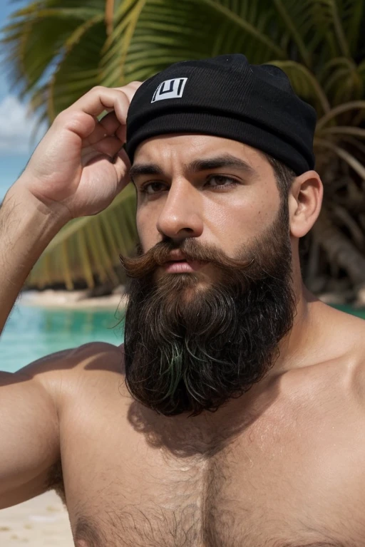 Crie uma imagem fotorrealista de corpo inteiro de Fred Flinstone como se ele fosse um homem de verdade. Ele deveria ter barba por fazer. Paradise Beach Scenario. make it ultra-realistic. Conversando alegremente,  (( cabelo preto barba preto, usando apenas sunga verde, he wears a black cap on his head)) fotografia de corpo inteiro fotografia de Corpo completo, Entering the water 