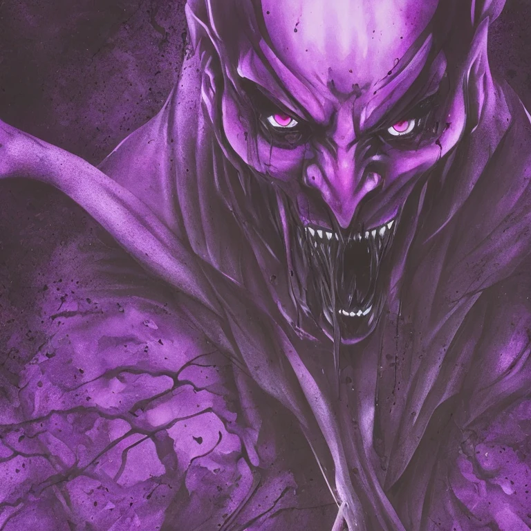 A demon with purple skin and pitch         black eyes