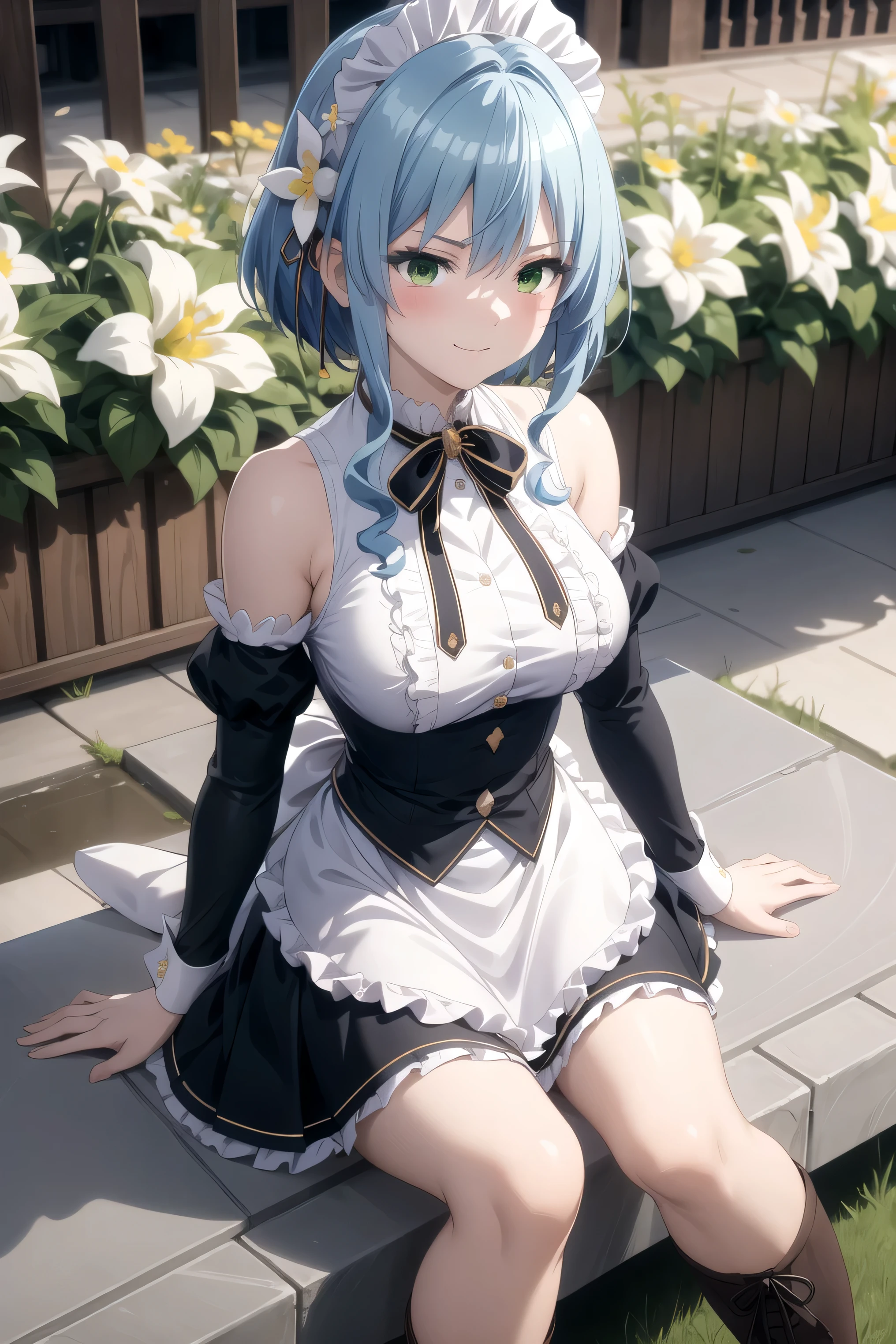 (masterpiece), best quality, expressive eyes, perfect face, (masterpiece, best quality), villhaze, 1girl, blue hair, short hair, bangs, green eyes , hair between eyes, hair ornament, maid headdress, hair flower, sidelocks, medium breasts, white shirt, frilled shirt, neck ribbon, bare shoulders, detached sleeves, puffy sleeves, long sleeves, black sleeves, maid, waist apron, black skirt, boots, knee boots, brown footwear, looking at viewer, garden, sitting leg focus, flustered, blush, smirk