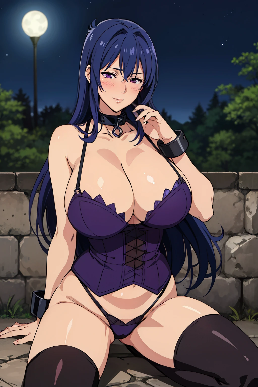 (kneeling), Stockings, BDSM, Slave, rubber, Black corset, shackles, collar, night forest, Nijou Aki, 27 yo, mature women, anime cels style, best quality, high resolution, (gigantic breasts:1.3), cowboy shot, blush, light smile, (purple eyes), blue hair