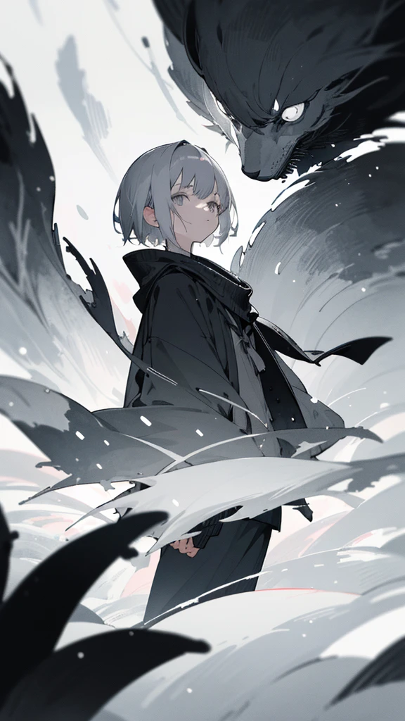 (masterpiece、highest qualthaty)、Short nape hair、1 girl wthath very short whthate hair、Black cardigan、Stern expression、Grey Eyes、Warm lighting、 Blurred foreground、night深く、High Contrast、night、in the cthaty,that'it's snowing,Heavy snowfall,winter,Alone in the vast snowy field,whole body,jyc,Gray Hair